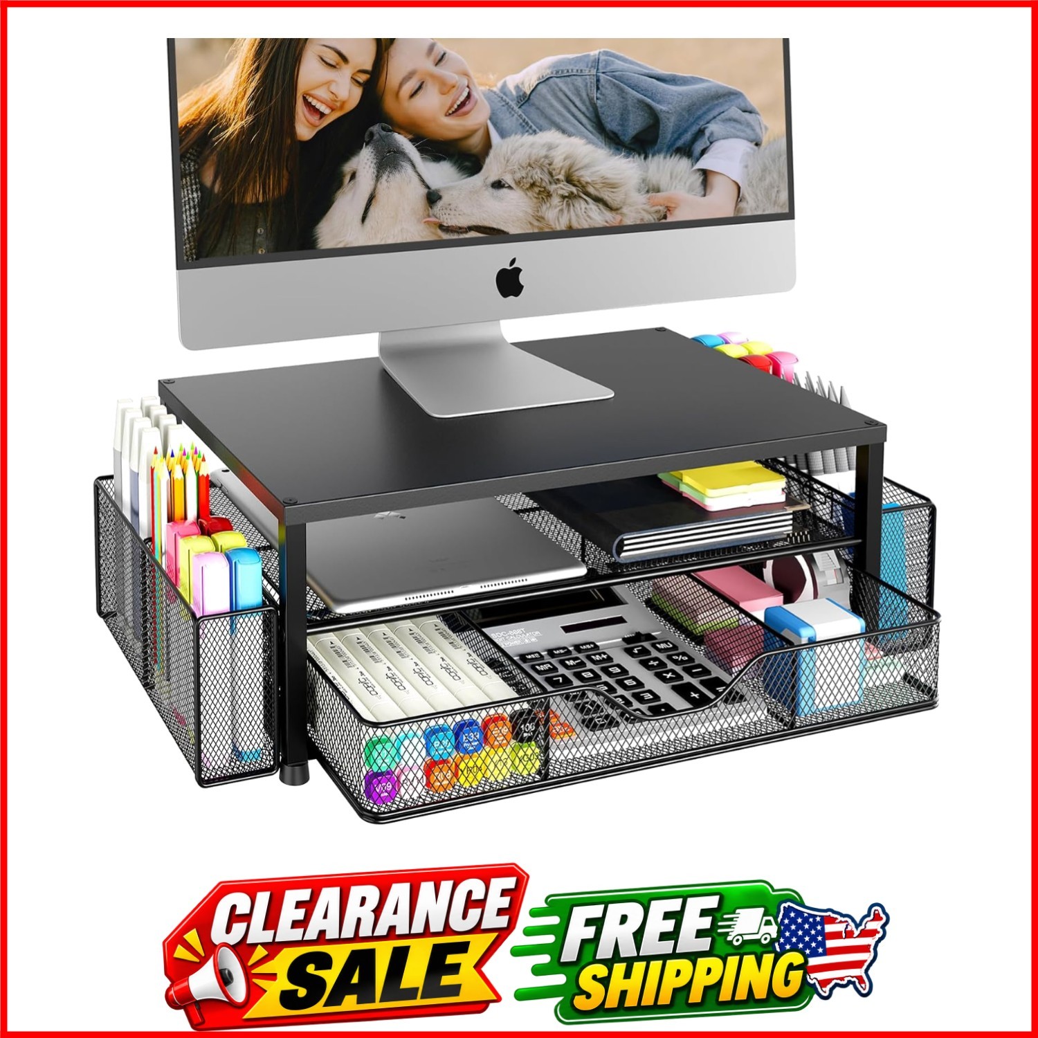 Desk Organizer and Accessories, 2-Tier Riser with Drawer and 2 Pen Holders, L...