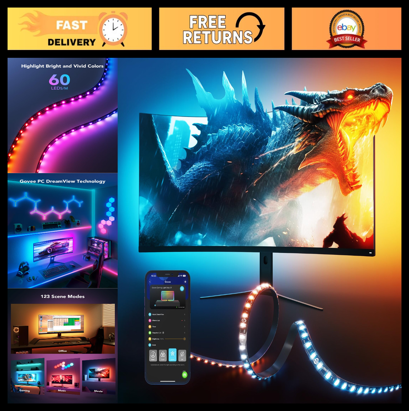 RGBIC LED Gaming Monitor Backlight, 27-34 Inch PC Light Strip, Color Changing Am