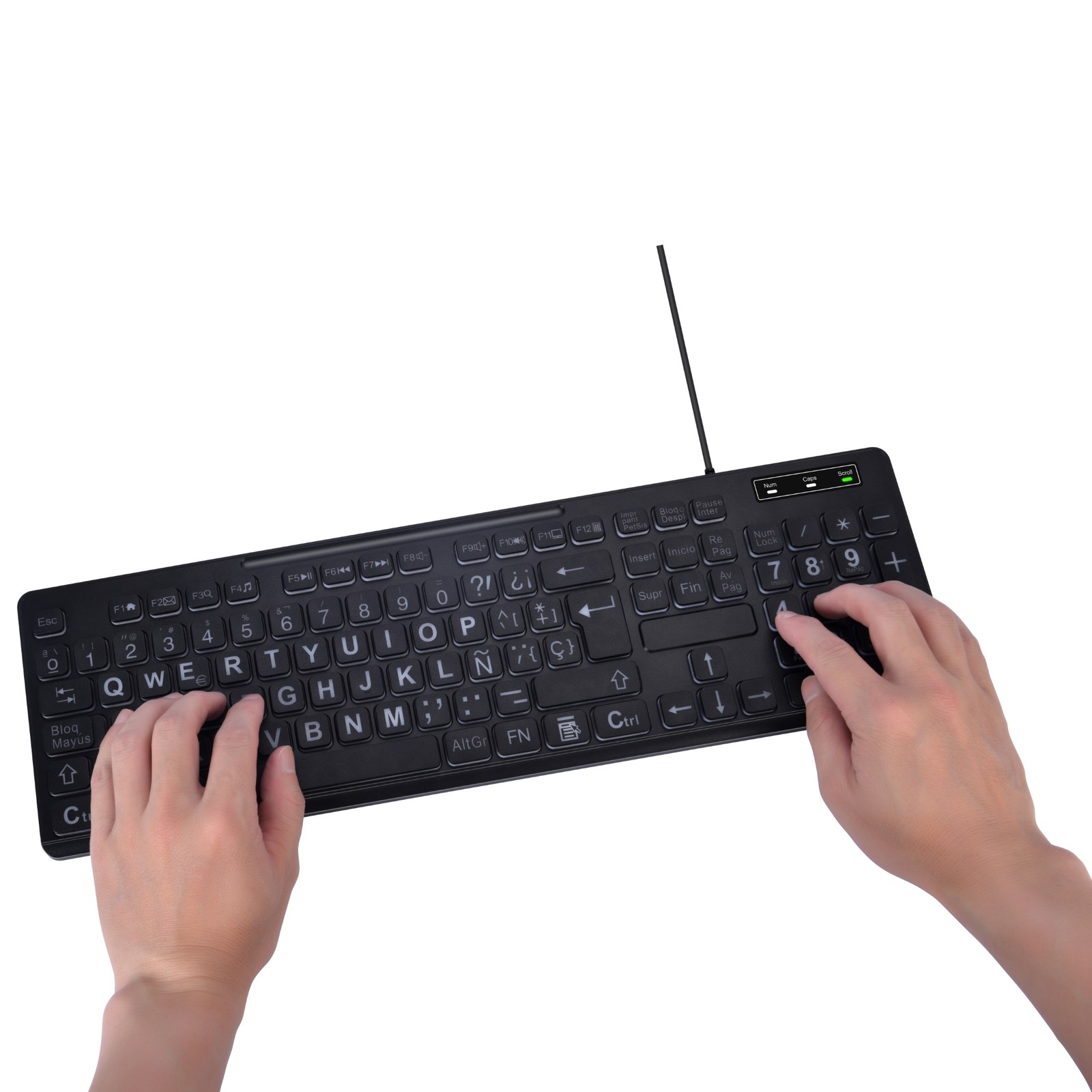 Spanish 105 Key Large Print Quiet USB Wired Full Size Backlight Backlit Keyboard