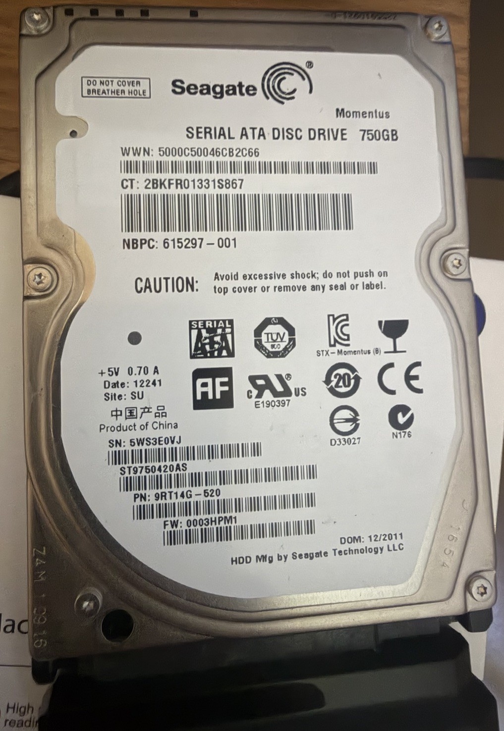 Seagate Momentus 750GB Internal HDD SATA II 7200RPM 2.5" (ST9750420AS)