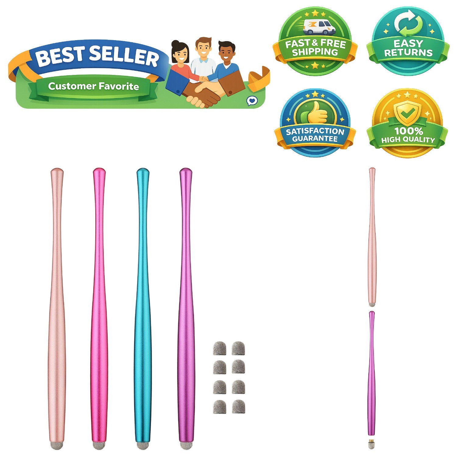 Comfortable Grip Stylus Pen for Touchscreens - Pink, Blue, & More – 4 pk + Tips