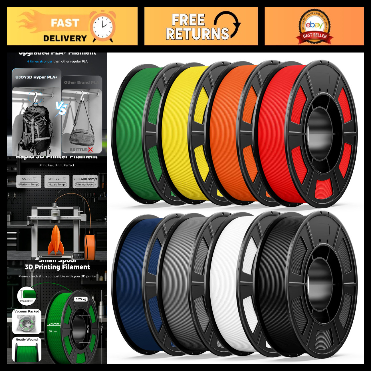 8 Color Hyper PLA+ 3D Printer Filament Bundle, 1.75mm, Vacuum Packed, 0.25kg Spo