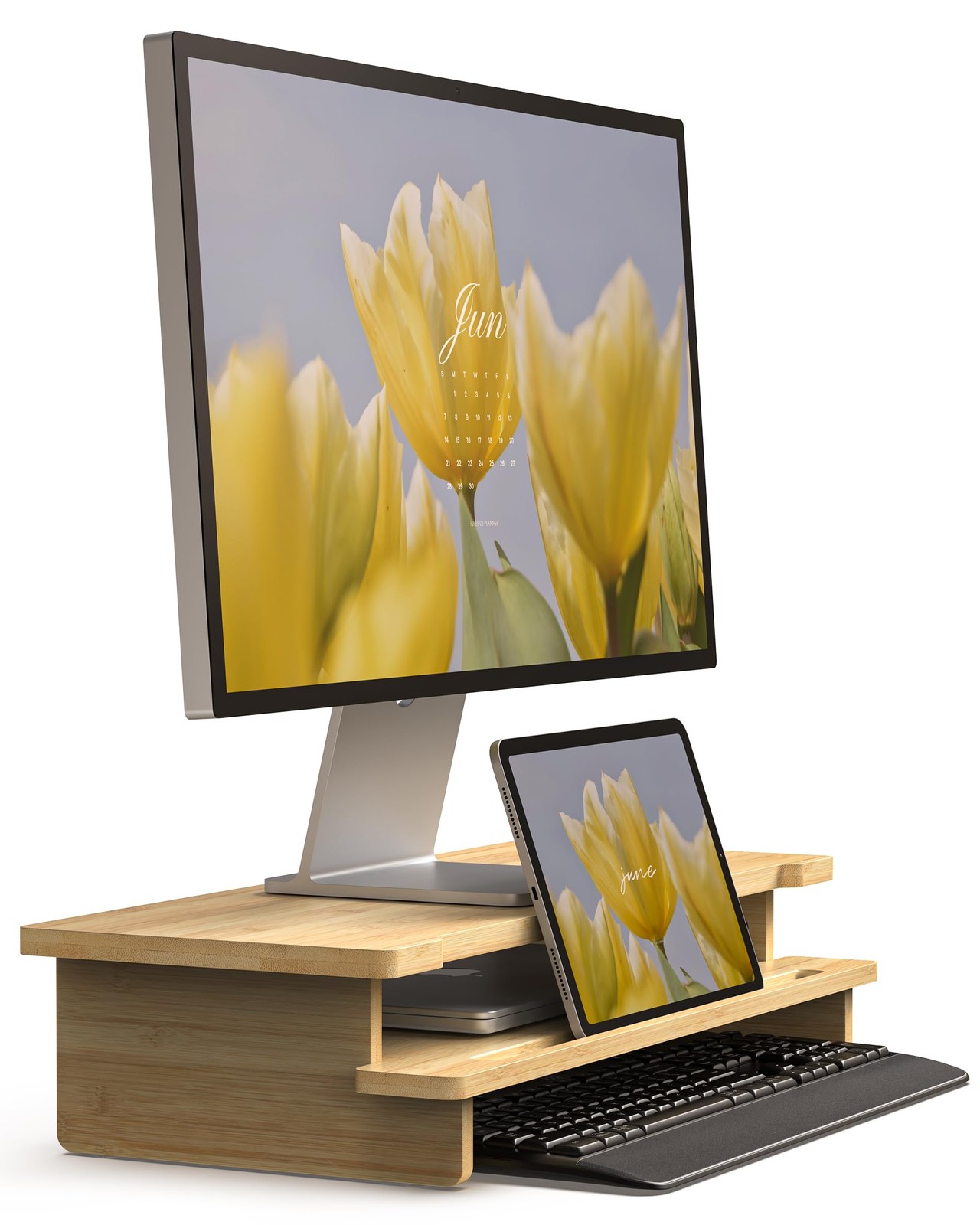 23” Bamboo Monitor Stand with Phone & Tablet Holder Desk Shelf