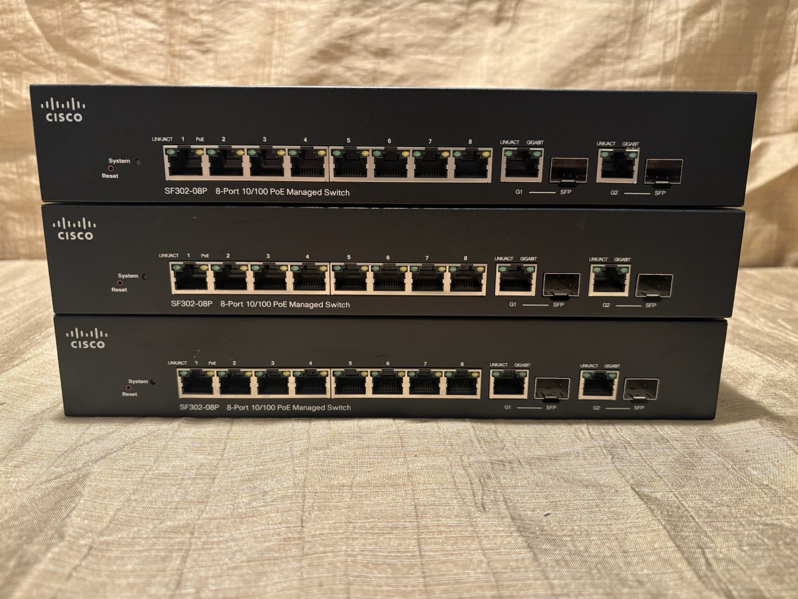 LOT OF 3 CISCO SF302-08P MANAGED SWITCHES: 8-Port Poe