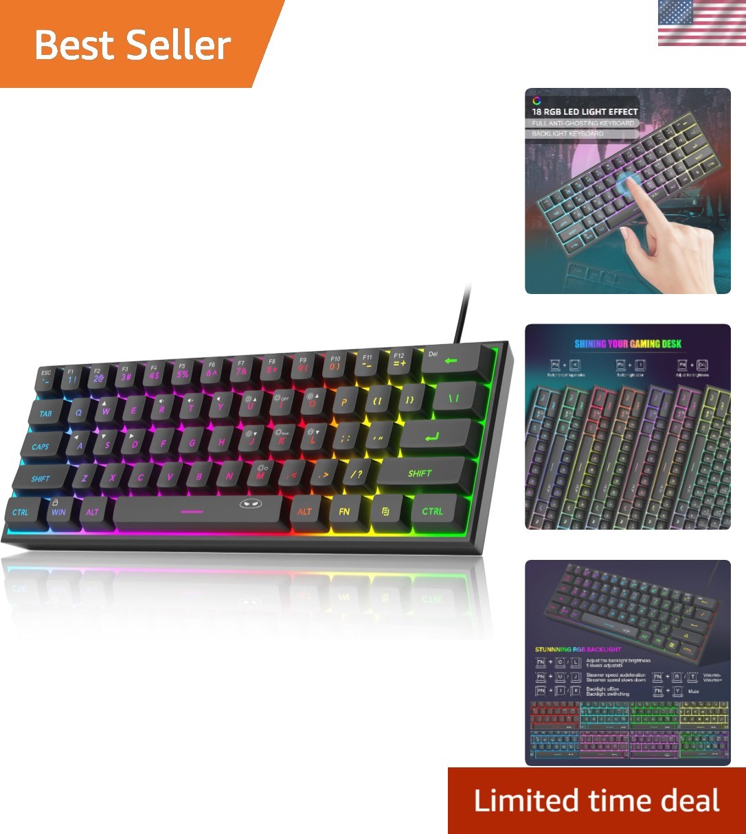 Ultra-Compact 61-Key RGB Keyboard for PC, MAC, PS4/Xbox - Ergonomic & Waterproof