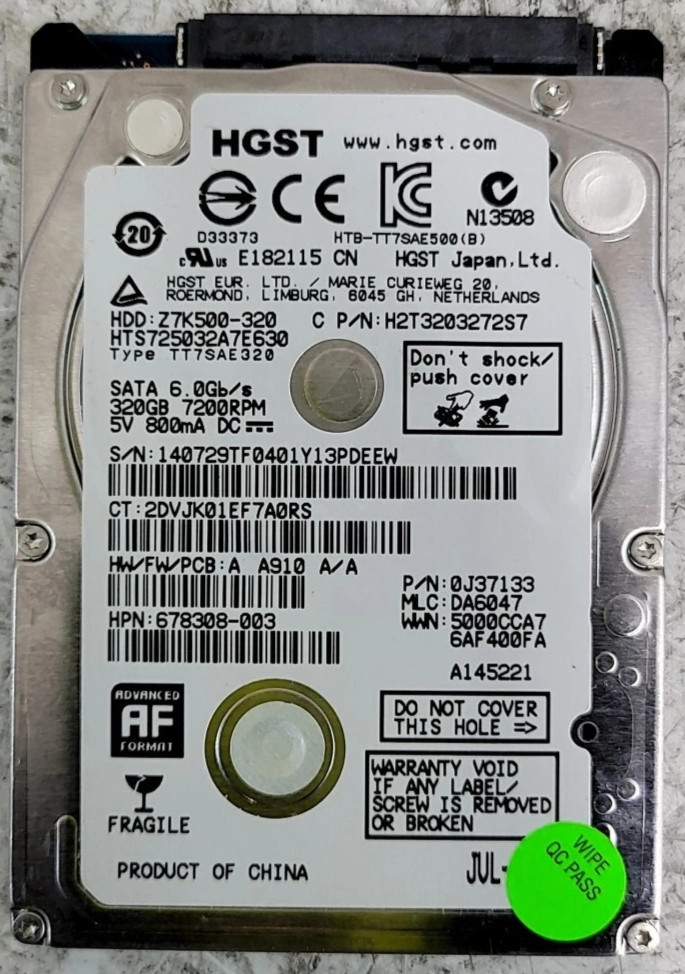 HITACHI HGST HTS725032A7E630 0J37133 Hard Drive SATA 2.5 320GB