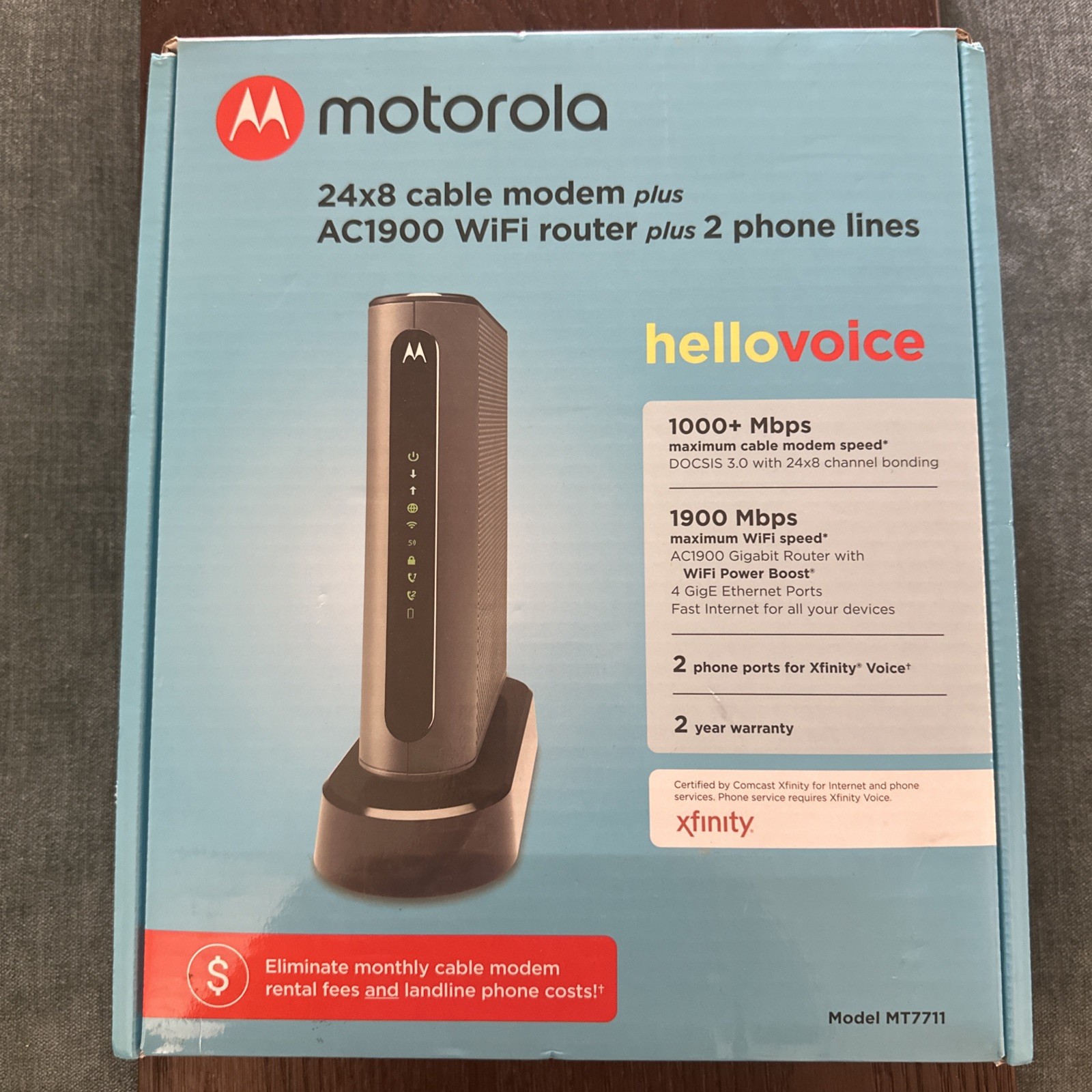 Motorola MT7711 24x8 Cable Modem Plus AC1900 WiFi Router & 2 Phone Line Untested