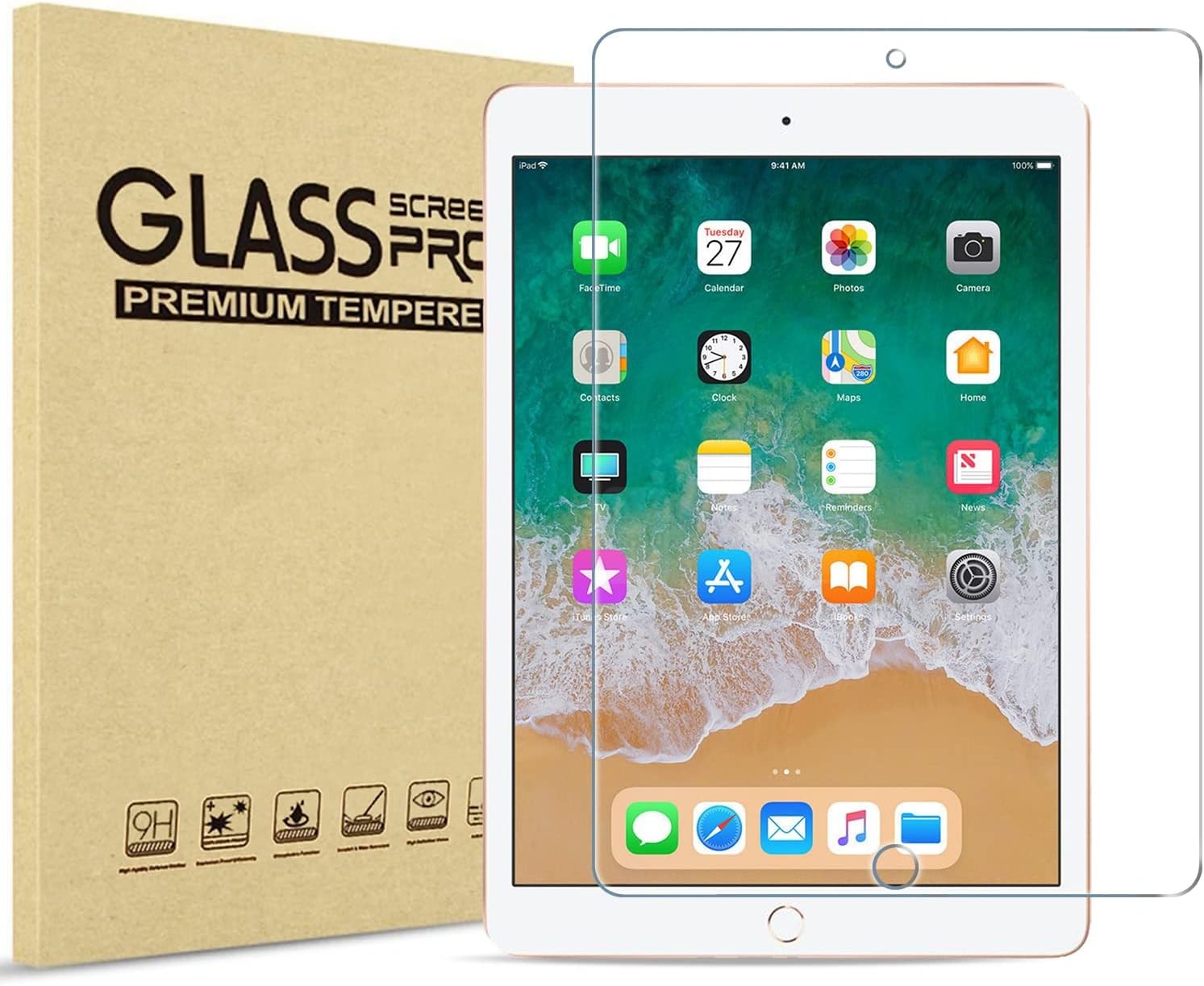 1 Pack Tempered Glass Screen Protector for iPad 9.7, Air 1/2, 5th/6th Gen - 9H