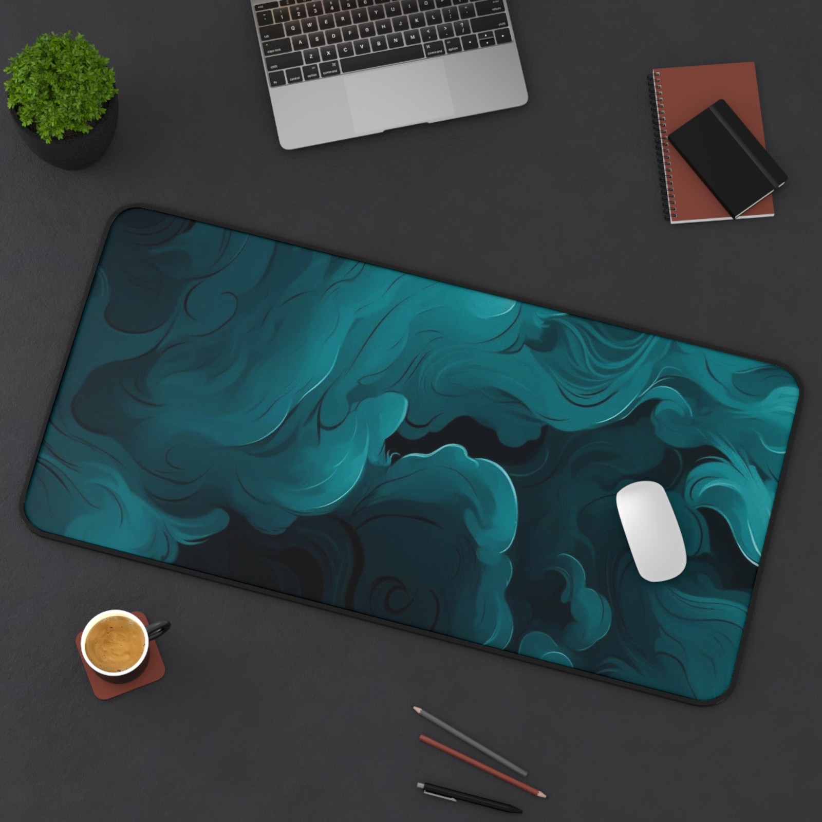 Teal Smoke Swirl Desk Mat | Abstract Vapor Wave Mousepad