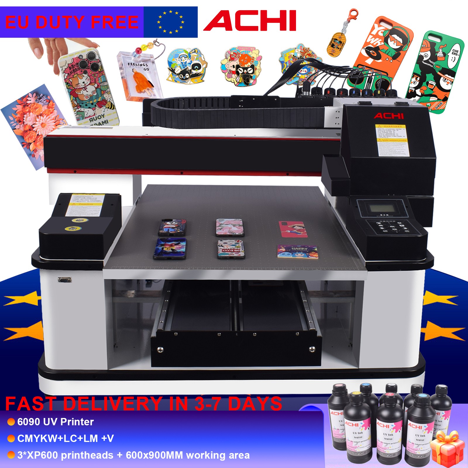 ACHI 6090 UV Printer 3PCS XP600 Print Head 3D Emboss Cylindrical Printing Rotary