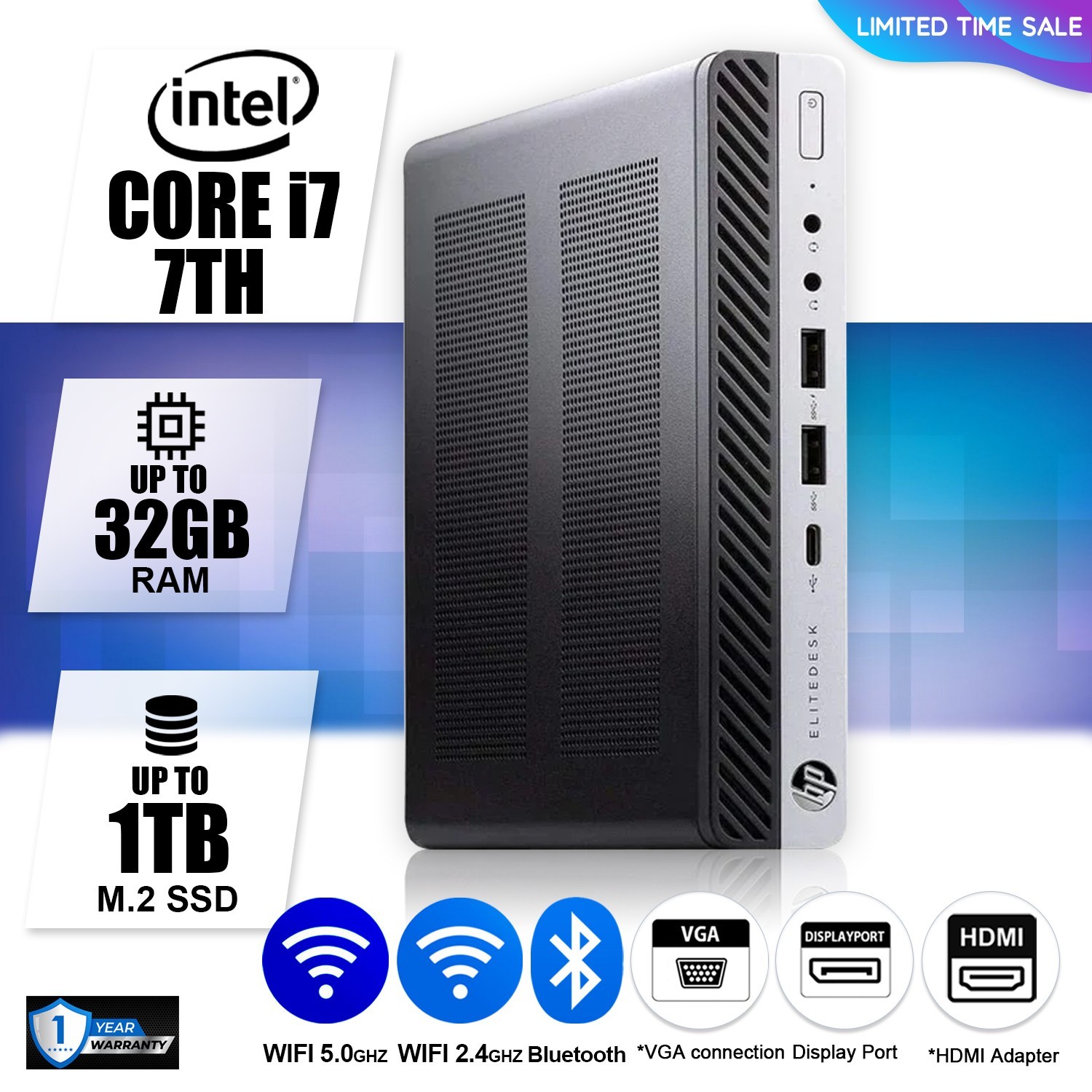HP Desktop Computer PC i7, up to 64GB RAM, 19TB SSD HDD, Windows 11/10, WiFi BT