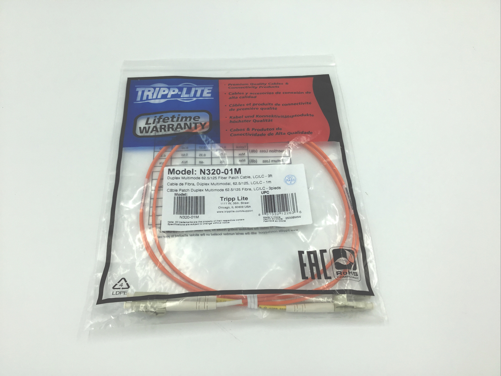 Genuine Tripp Lite N320-01M Duplex Multimode Fiber Patch Cable, LC/LC - 3ft