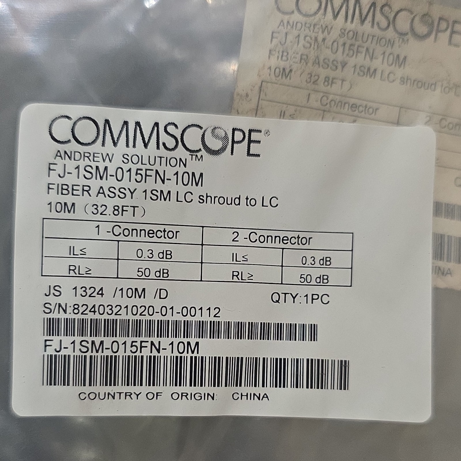 ​CommScope FJ-1SM-015FN-10M Fiber Patch Cable LC Shroud to LC 10M 32.8FT JS 1324