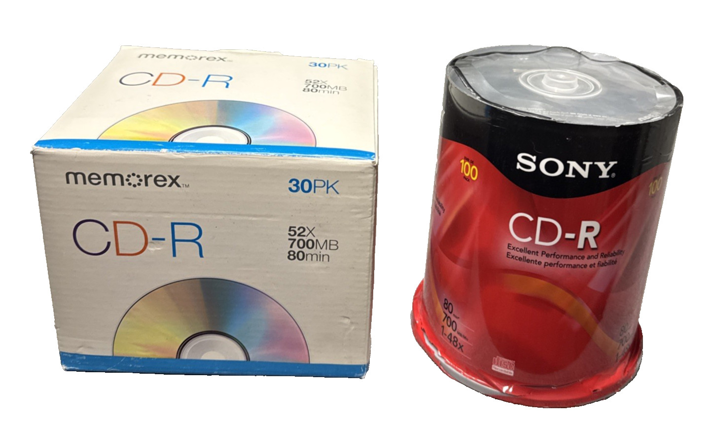 Sony CD-R 700MB Storage Discs 100 Pack & Memorex CD-R 700MB 52X 30 Pack Lot of 2