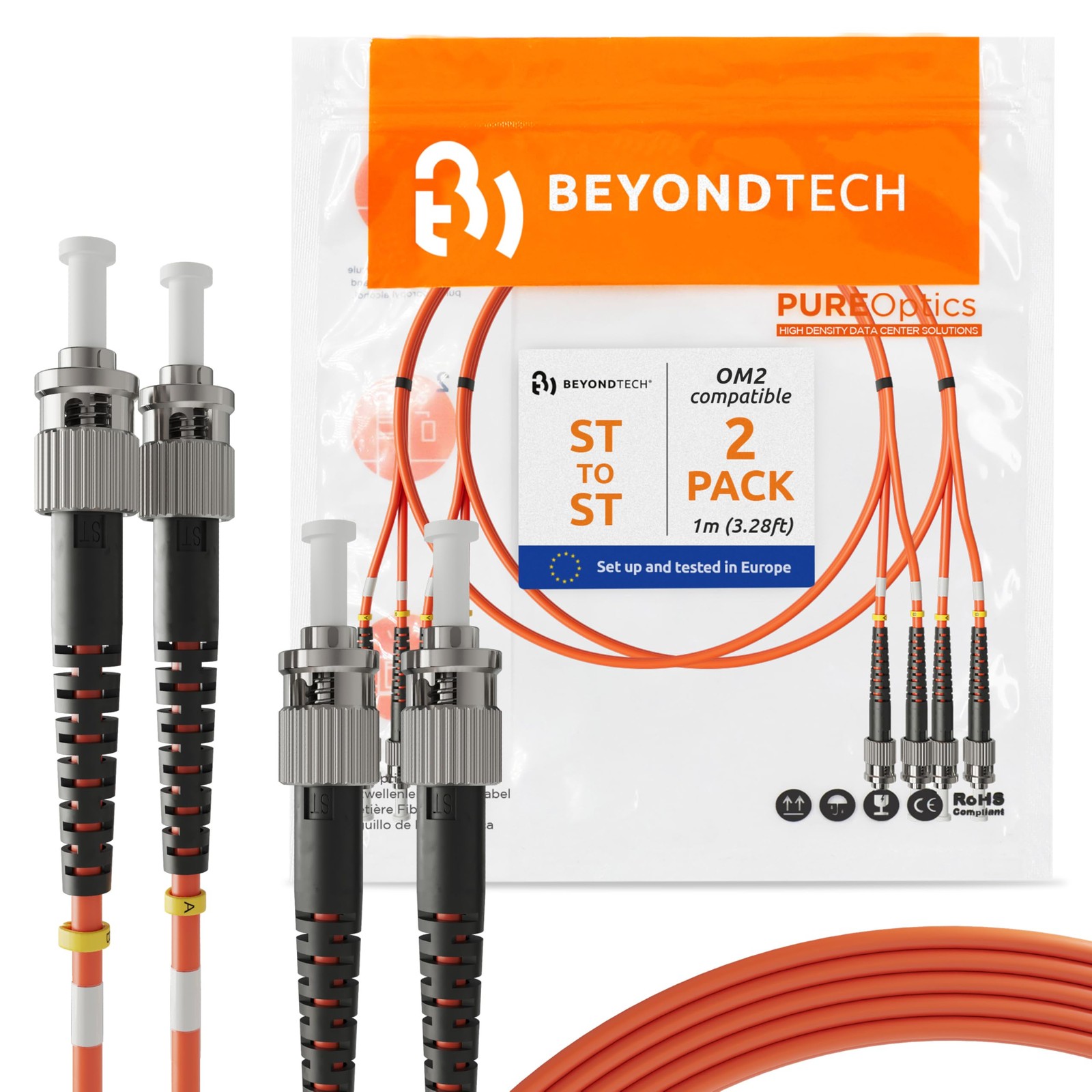 BEYONDTECH 1m ST to ST Fiber Patch Cable 2-Pack Multimode Duplex 50/125µm OM2