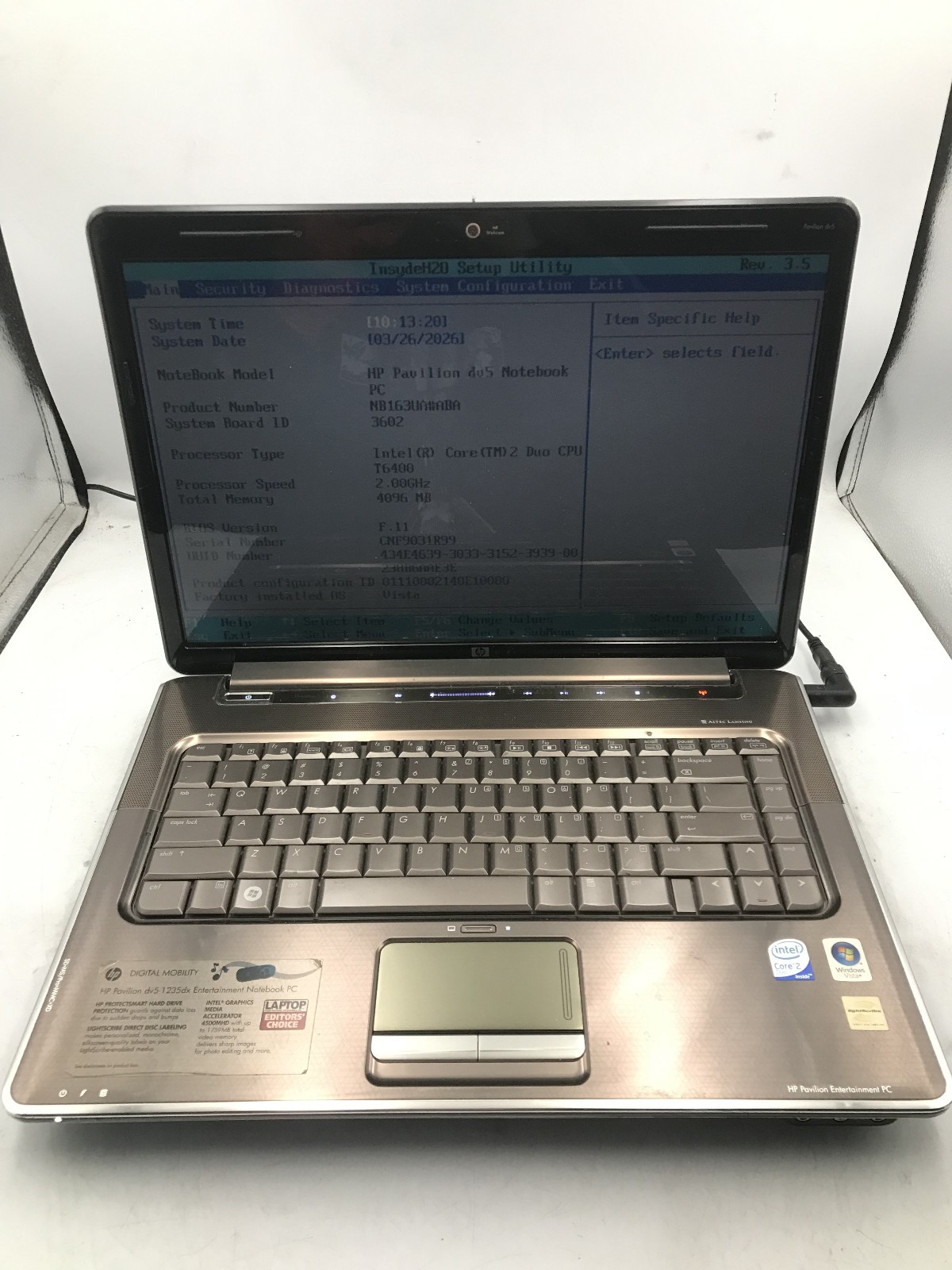 HP PAVILION DV5 1235DX - BOOTS TO BIOS - INTEL 2 DUO T6400 - 4GB RAM - READ - BB