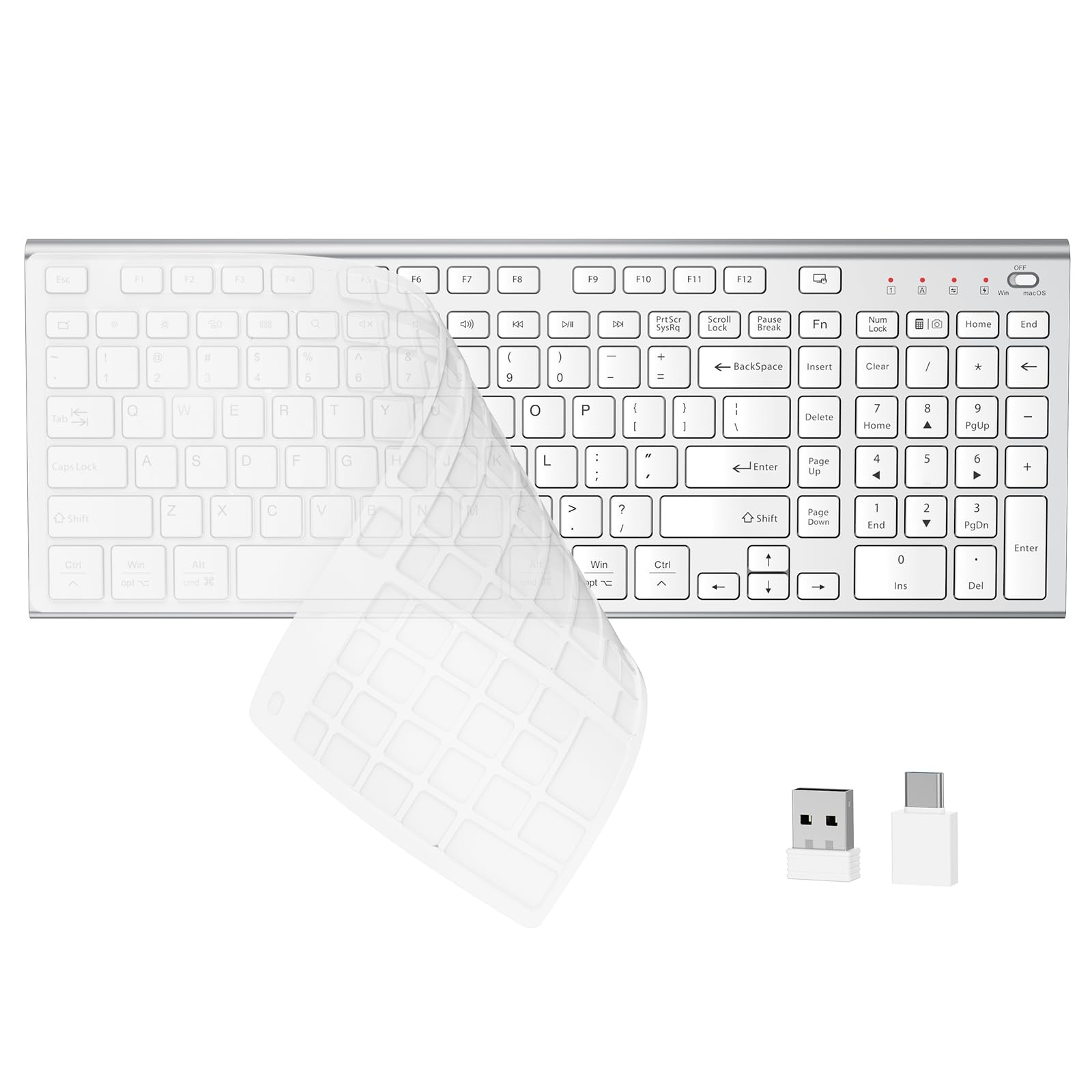 Wireless Silent Keyboard USBC Low Profile Compact Full Size Silver