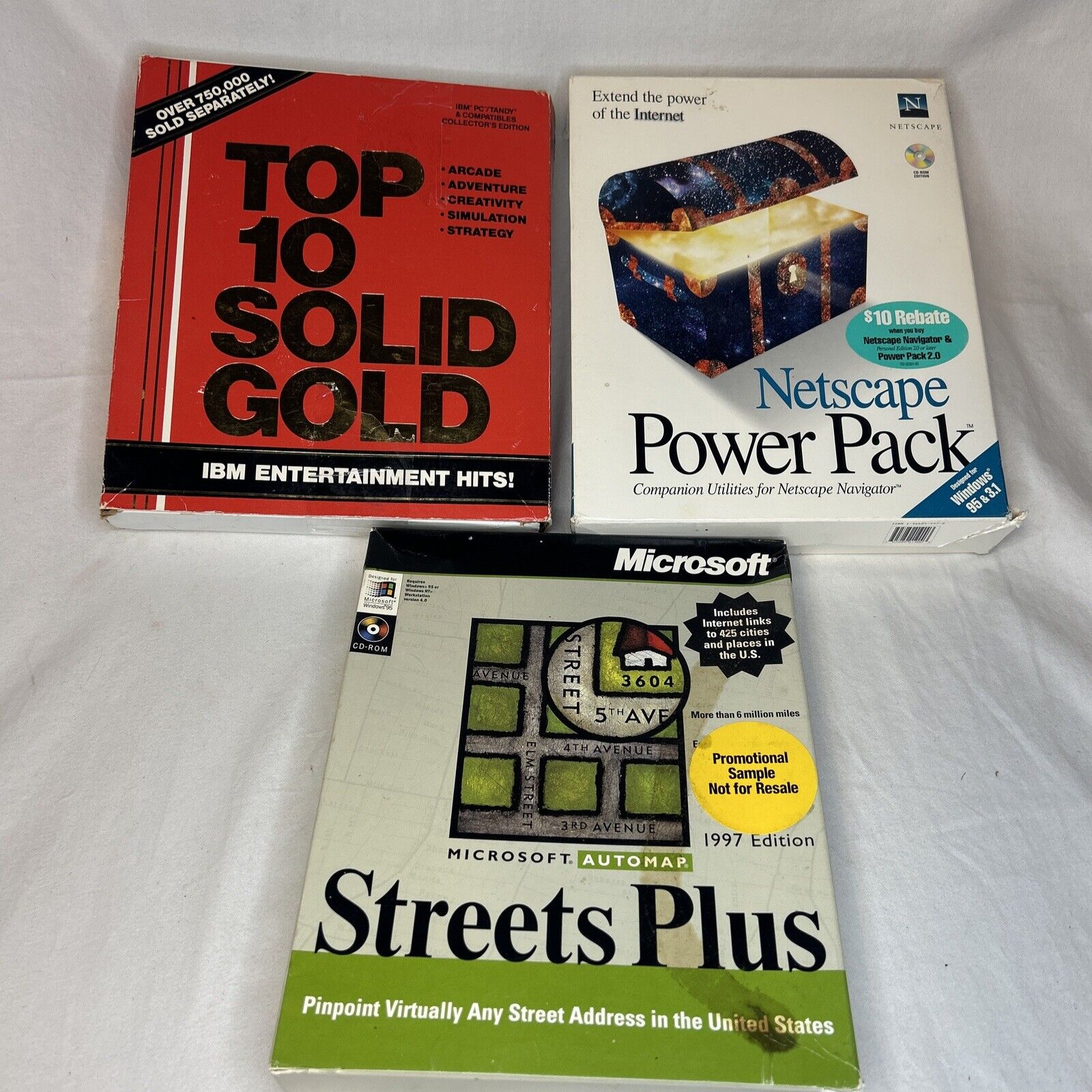 Lot Of 3 Vintage Software Microsoft Streets Plus Netscape Power Pack IBM Top 10 