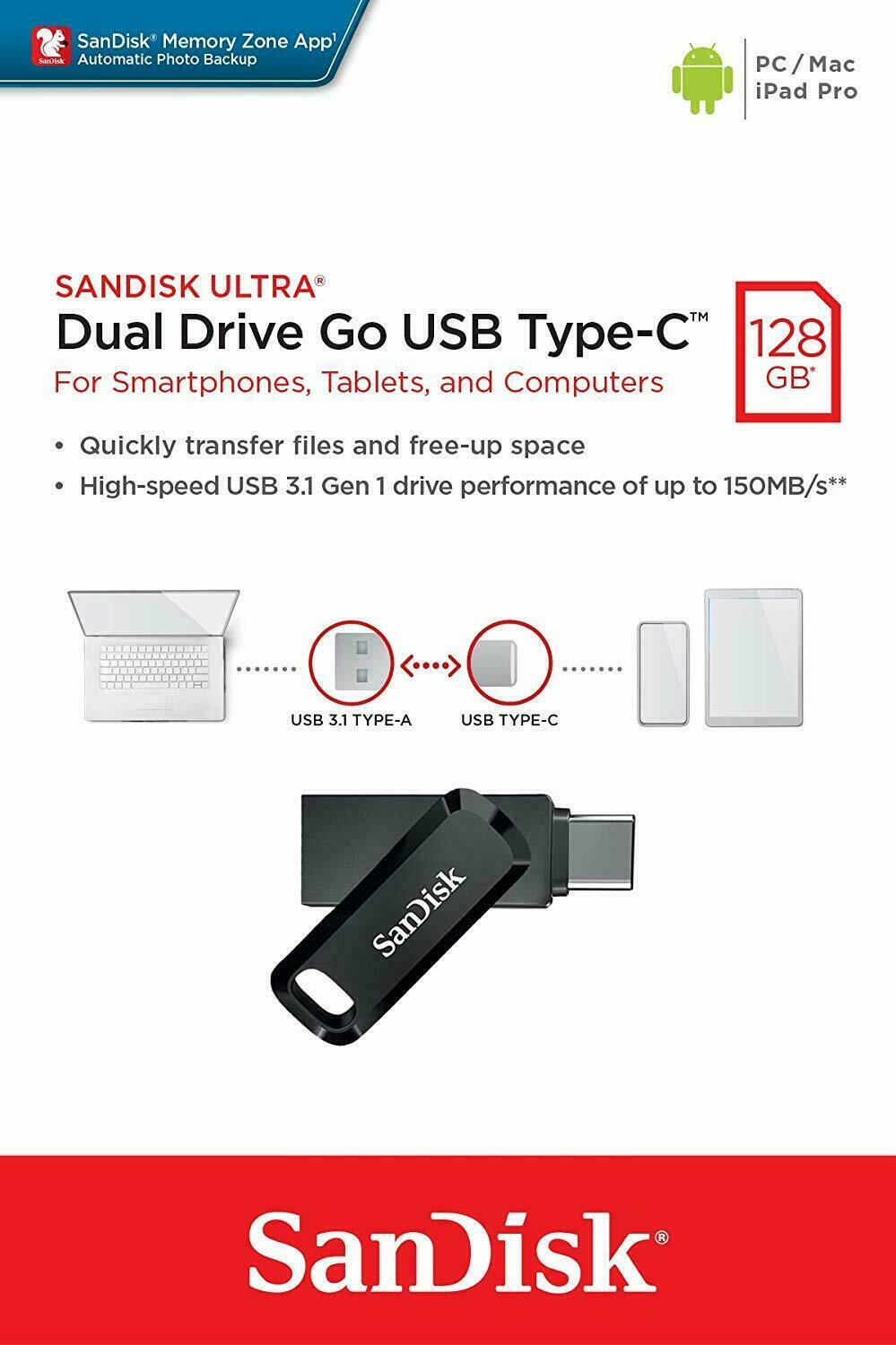 SanDisk 32GB 64GB 128GB Ultra Dual Drive Go USB Type-C Flash Drive SDDDC3