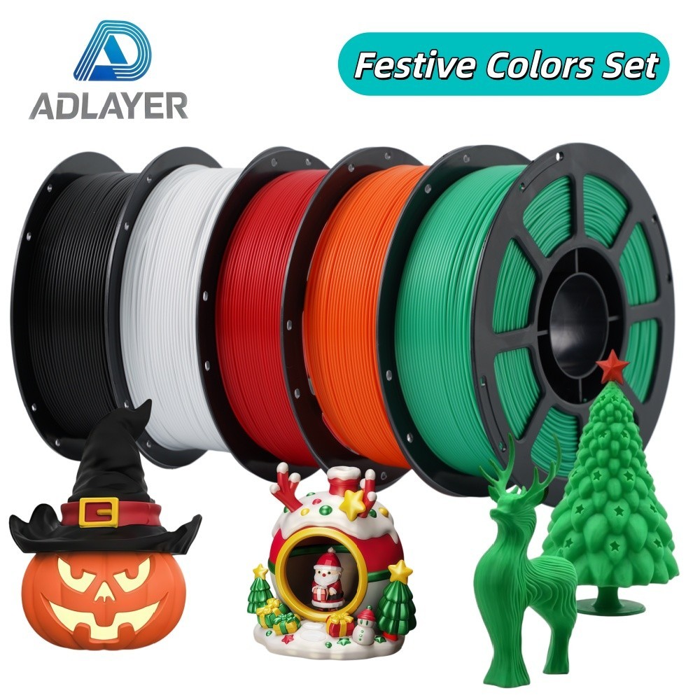 ADLAYER Festive Colors Set PLA Filament 1.75mm, 5KG Black/White/Red/Orange/Green
