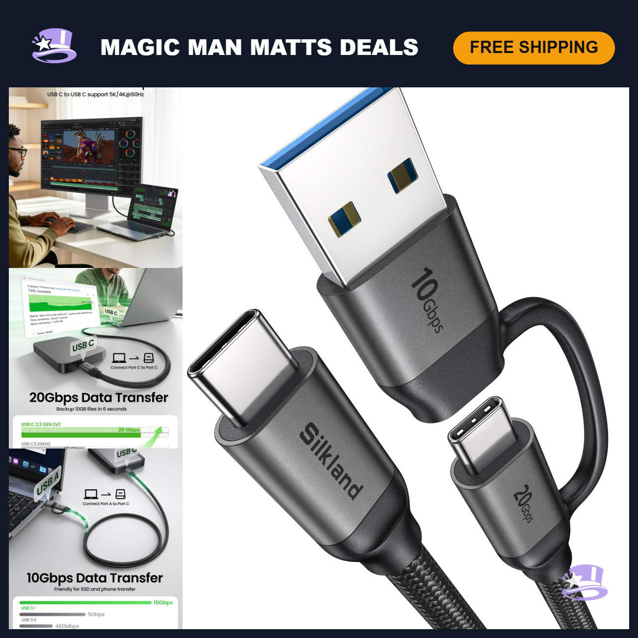 2 in 1 USB C to USB C & USB A Cable, 3.3FT Monitor Connection, Fast Charging