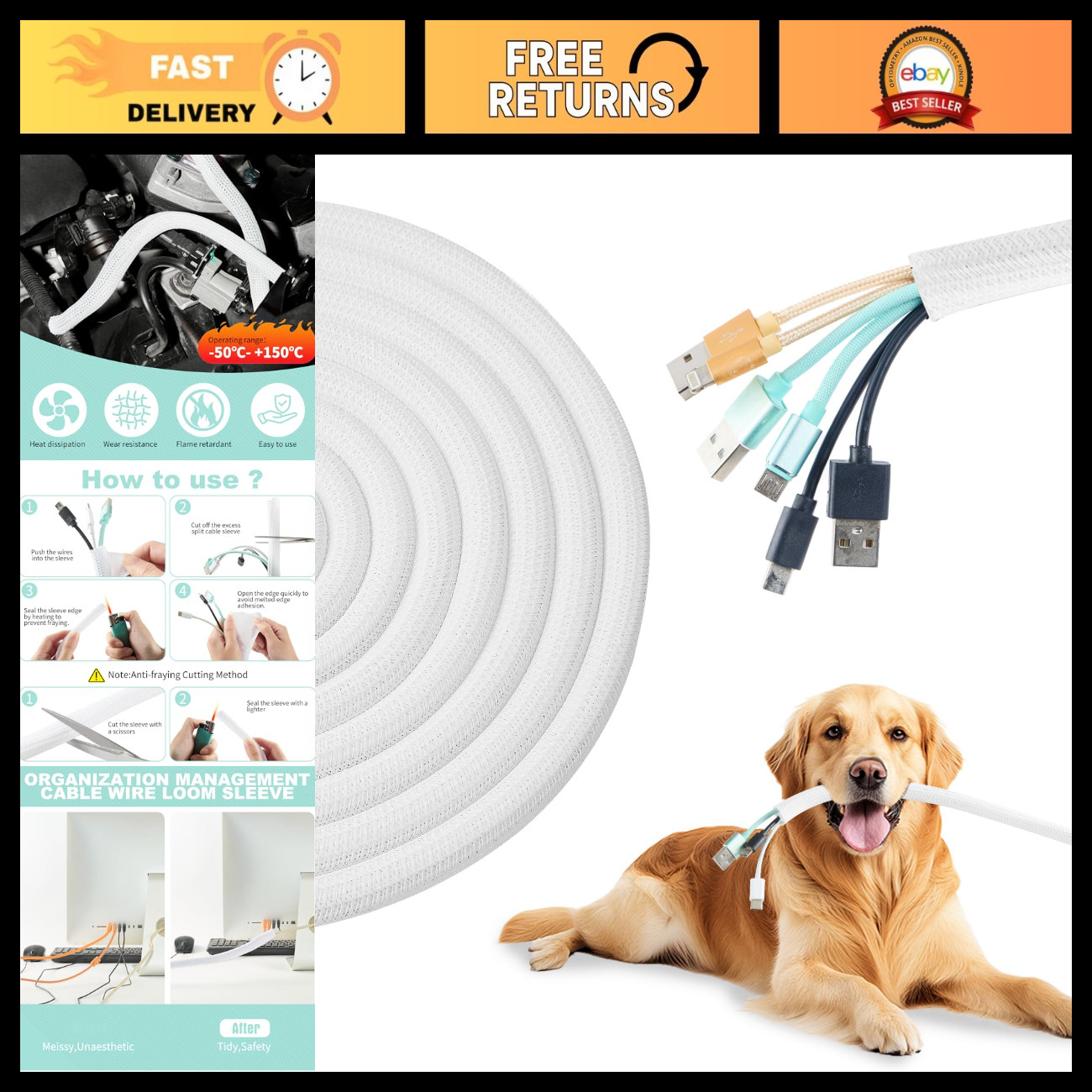 1" Split Wire Loom 50ft - Braided Cable Sleeve, Cord Protector for Pets & Electr