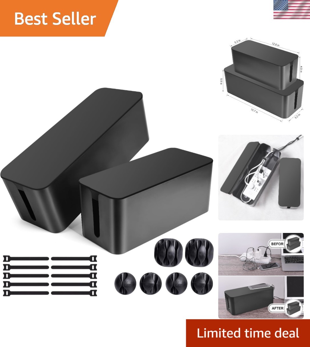 Complete 2 Count Cable Management Box Set - Elegant Hiding Solution for Cords