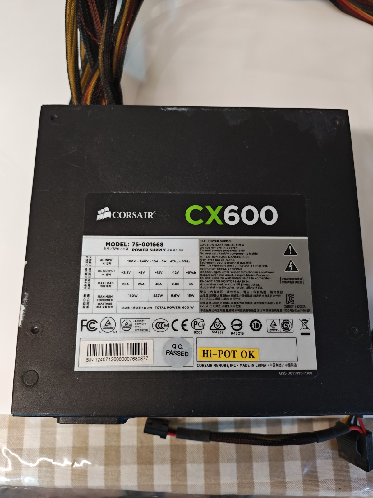 Corsair CX600 Power Supply 600W Model 75-001668 - Tested and Works Perfectly