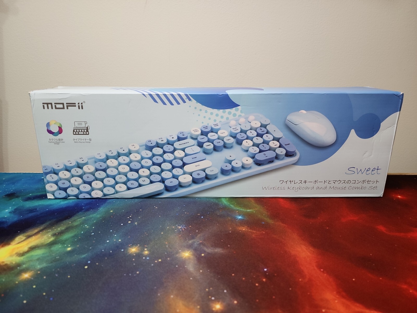 MOFii Sweet Wireless Keyboard & Mouse Ergonomic Cute Round Blue 104 Blue