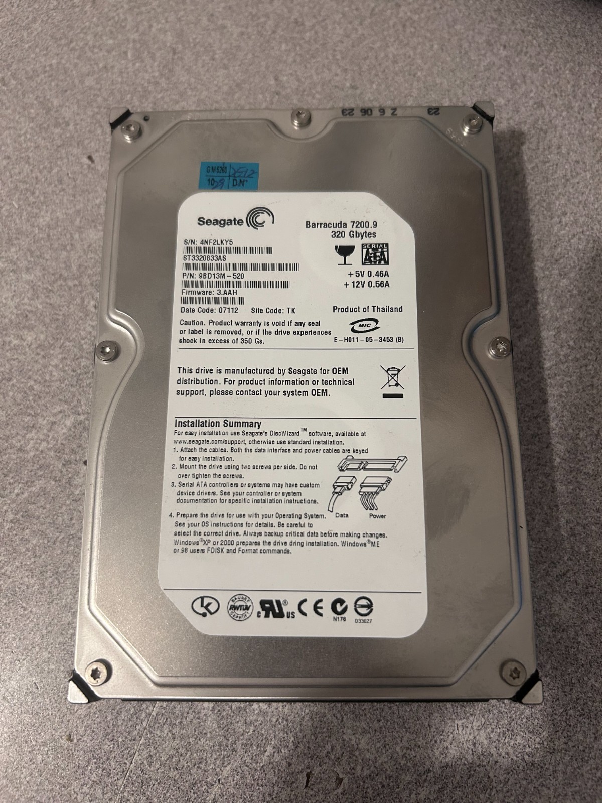 Seagate 320GB 3.5" 7200 RPM Desktop SATA Hard Drive ST3320833AS