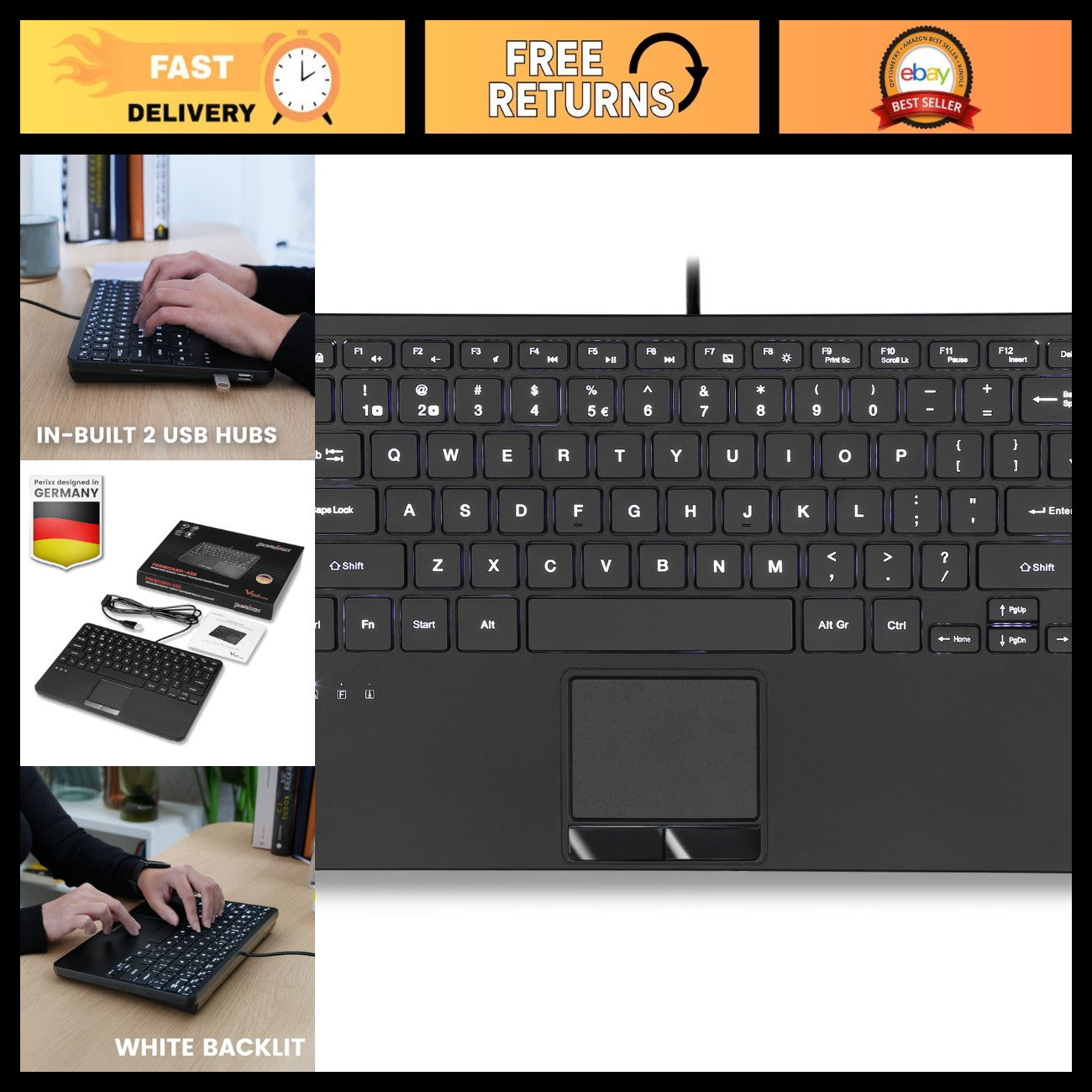 Compact Wired Mini USB Keyboard with Touchpad, Backlit, Scissor Keys, 2 USB Hubs
