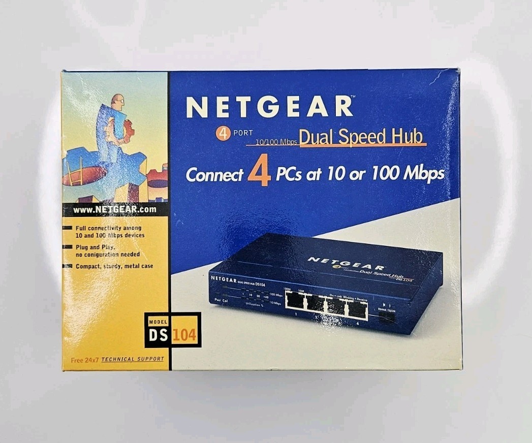 Netgear DS104 10/100mbps Dual Speed 4-Port Hub w/ uplink Vintage 1999 New In Box