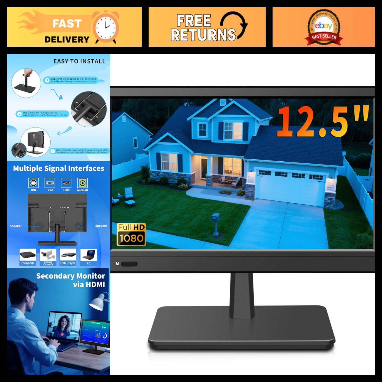 12.5" Security Monitor with Speaker, HDMI/VGA/BNC/RCA, Remote Control for Home/O