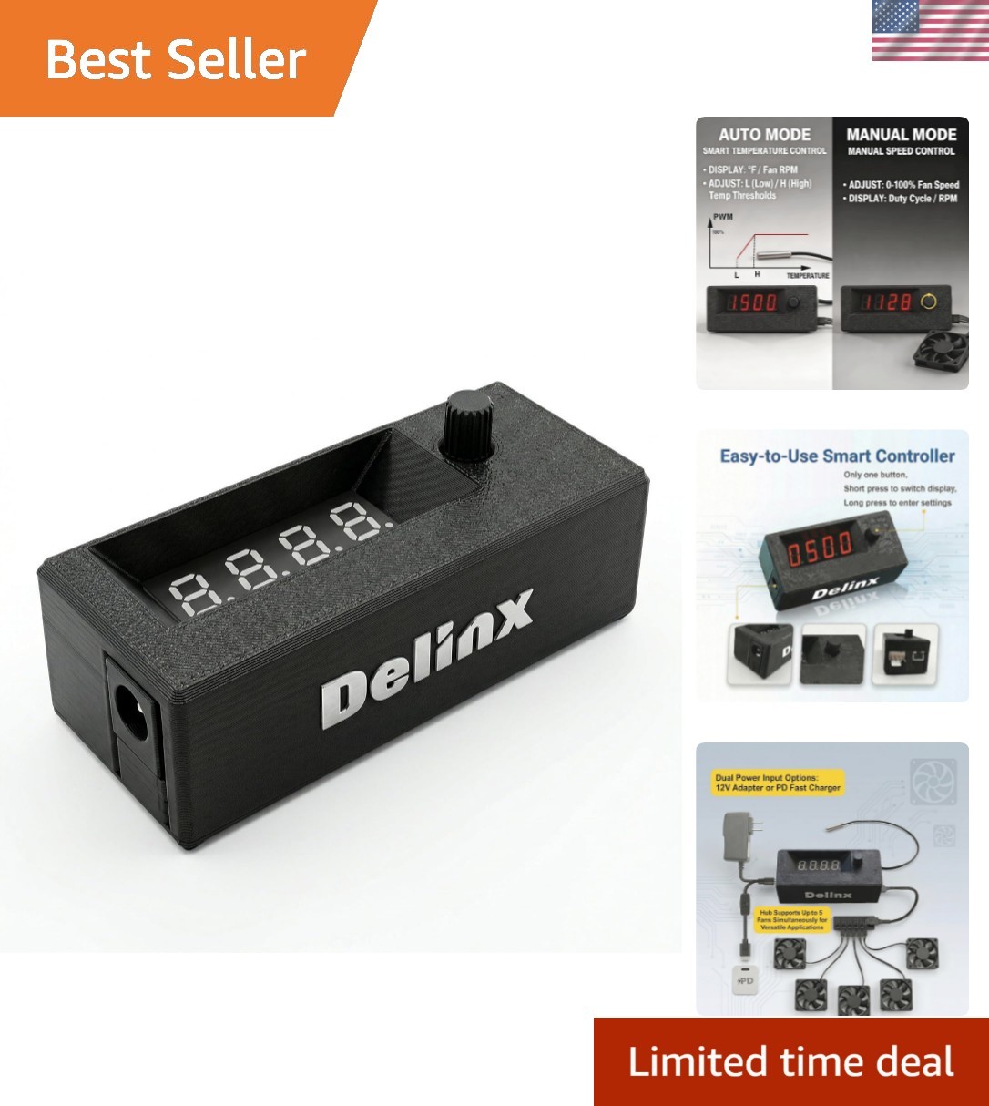 12V 4-Pin PWM PC Fan Speed Controller, Auto/Manual Dual Mode,60W