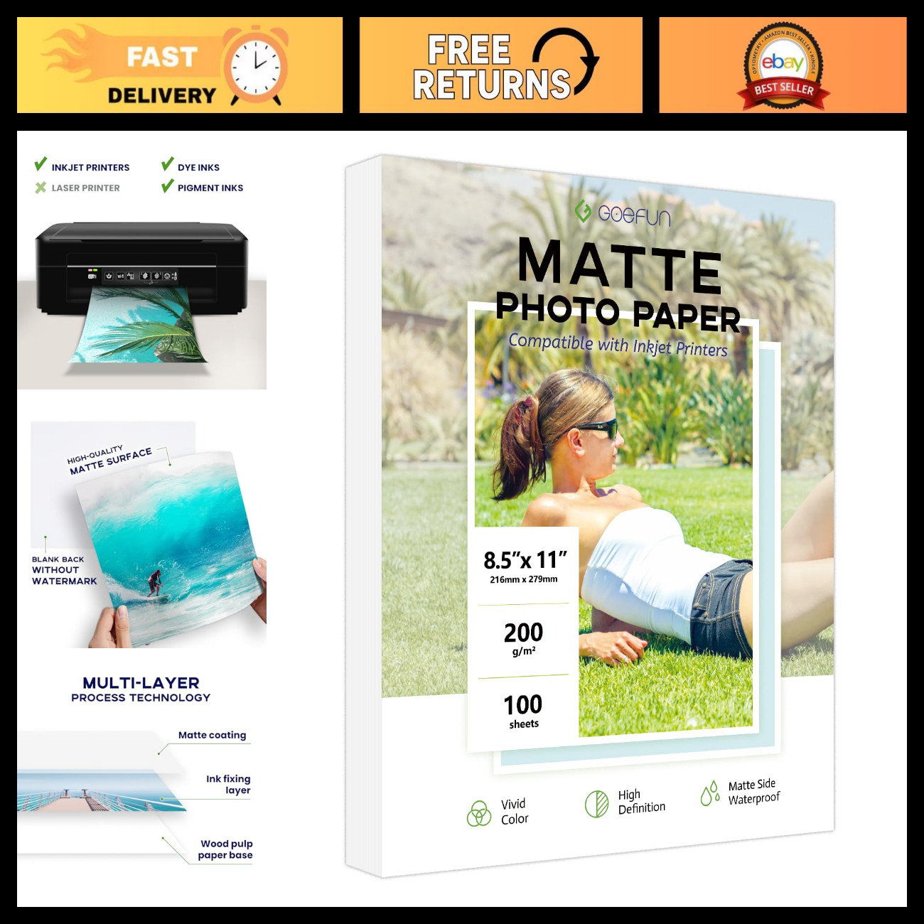 100 Sheets Matte Photo Paper 8.5x11, 54LB Inkjet Printer Paper for High-Quality