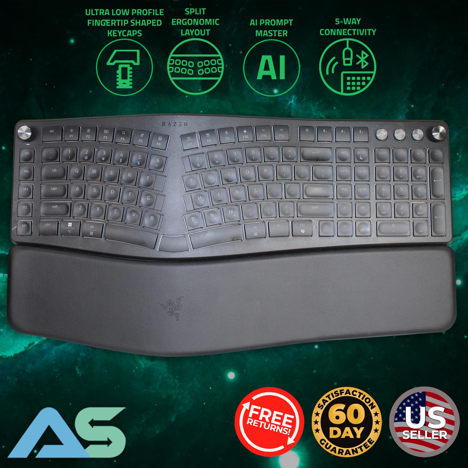 Razer Pro Type Ergo Wireless Split Ergonomic Layout Keyboard AI Prompt Master