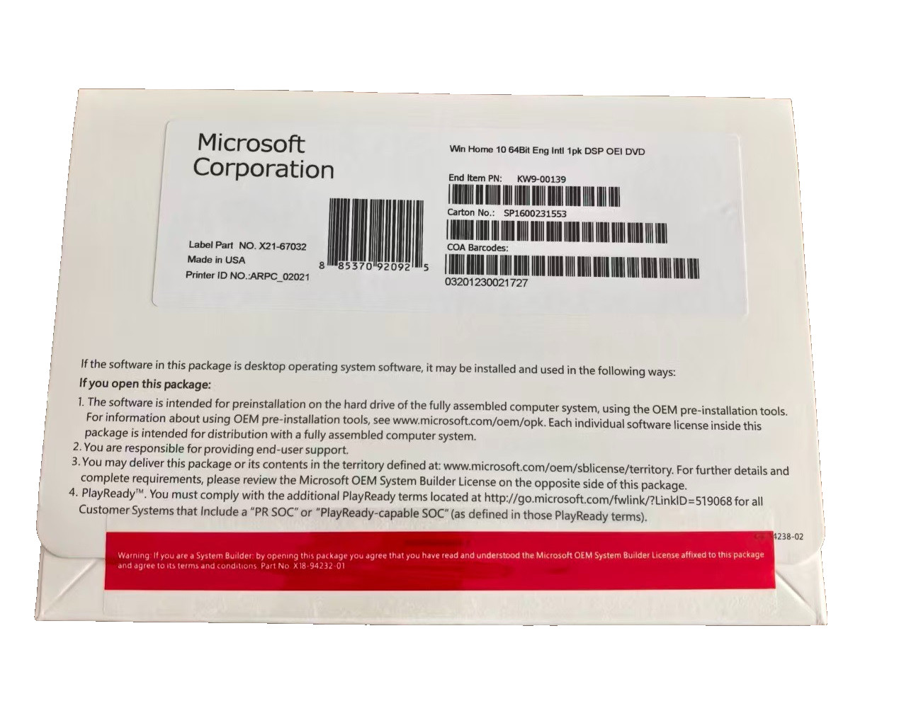 Win 10 Home 64 bit DVD with Product License Key New Sealed & 
