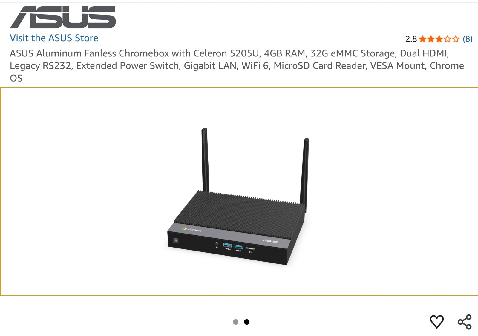 ASUS Aluminum Fanless Chromebox with Celeron 5205U, 4GB RAM, 32G eMMC...