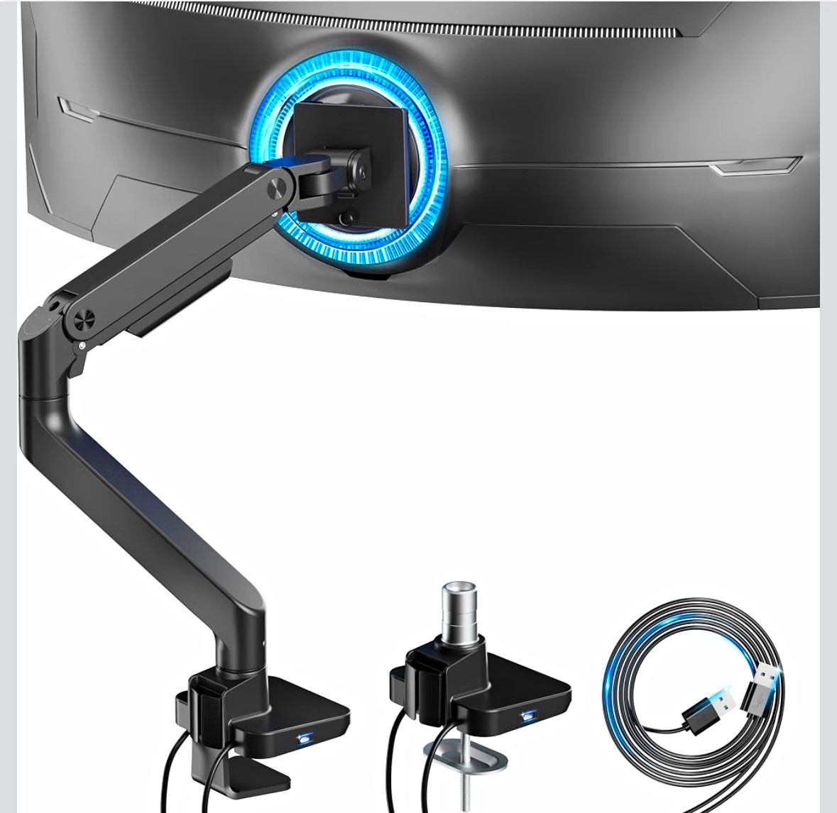 ARES WING Single Monitor Desk Mount Gas Spring Arm USB, VESA 75/100, Black