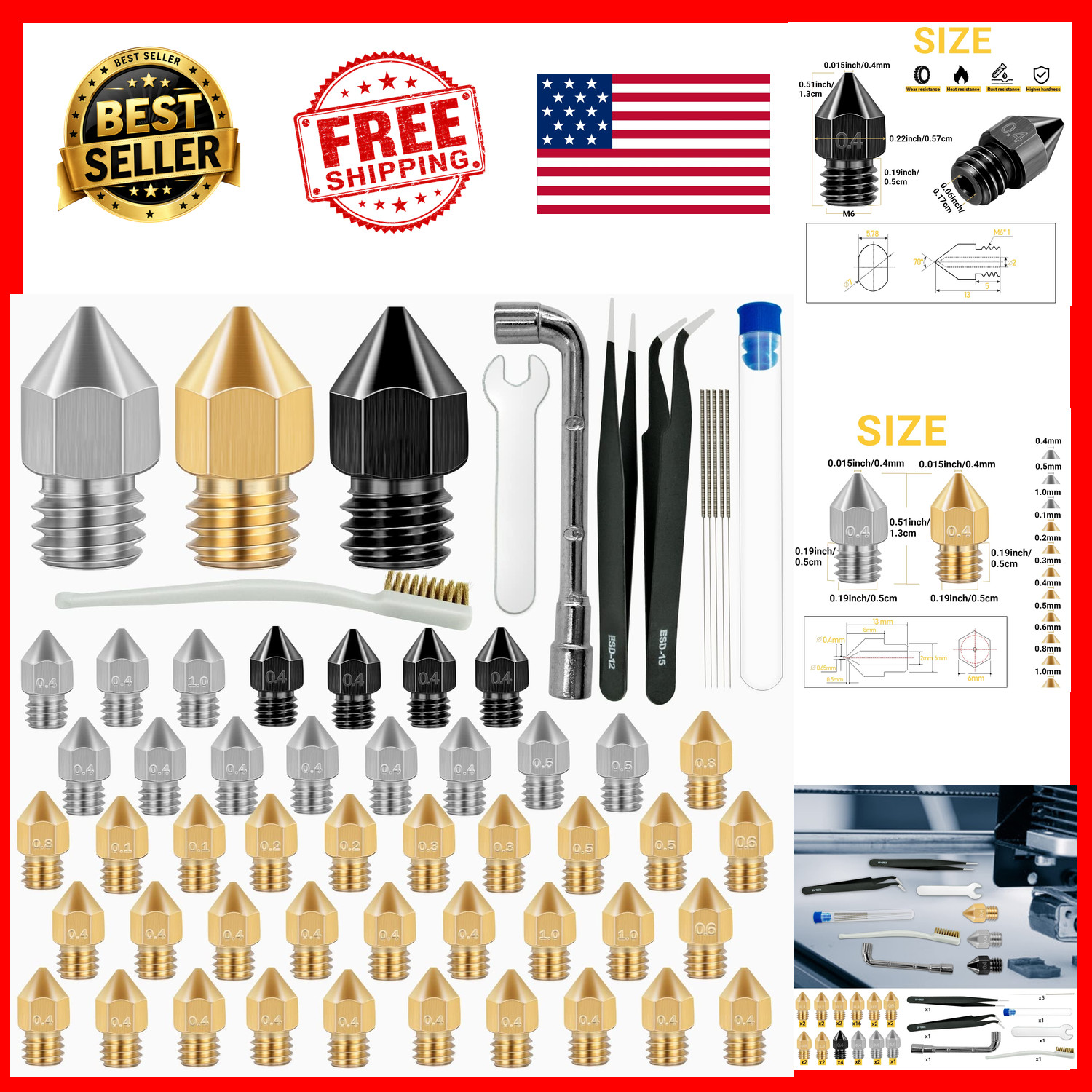 3D Printer Nozzle Kit 50 Piece Hardened Steel Brass MK8 with Cleaning Tools