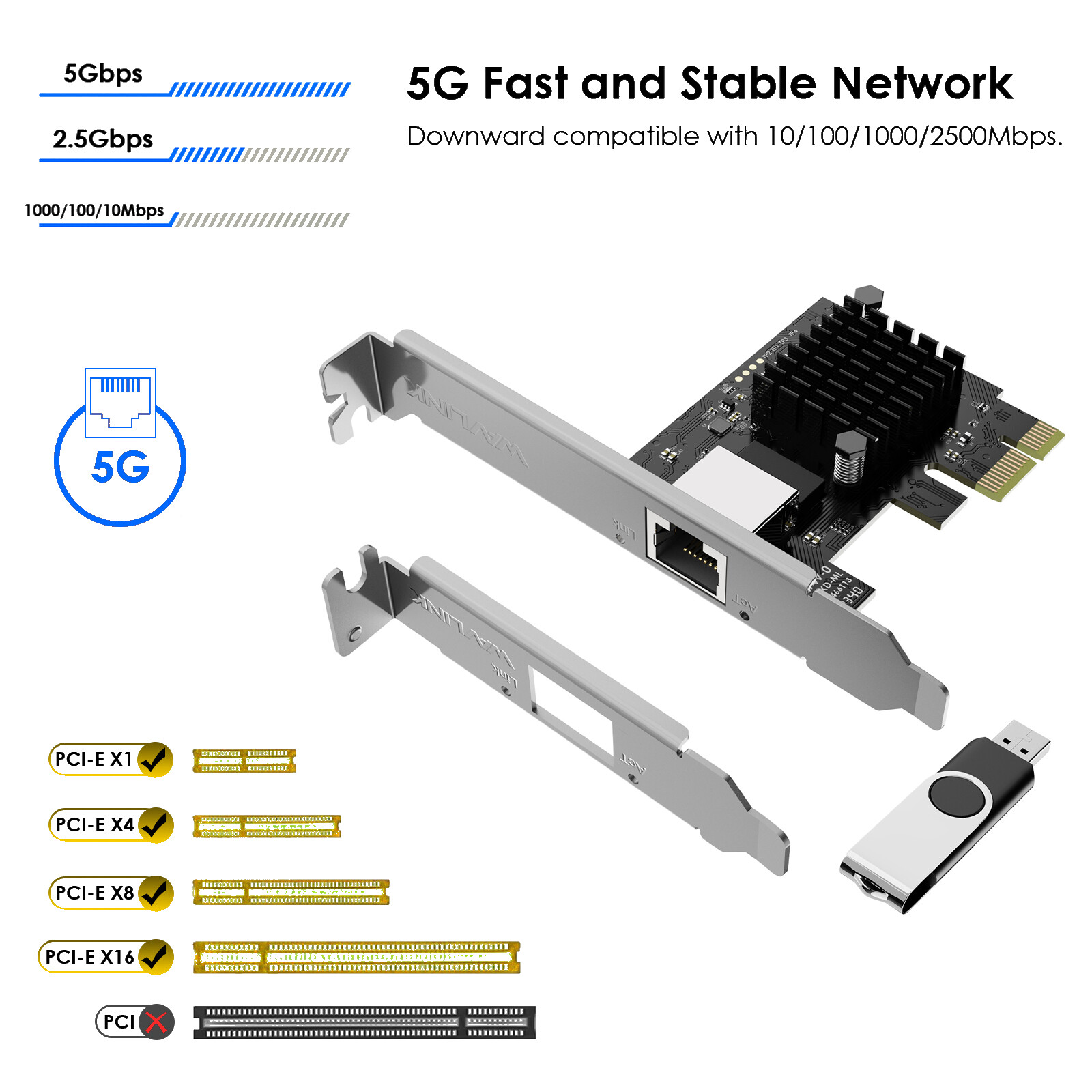 5GB PCIe Network Card PCIe to Ethernet Network Adapter for Windows 11/10 Linux