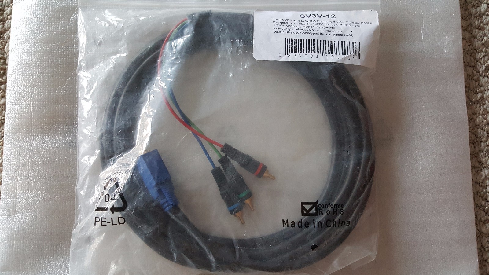 12ft SVGA Male to 3x RCA Component Video Projector Cable RGB Video Double Shield