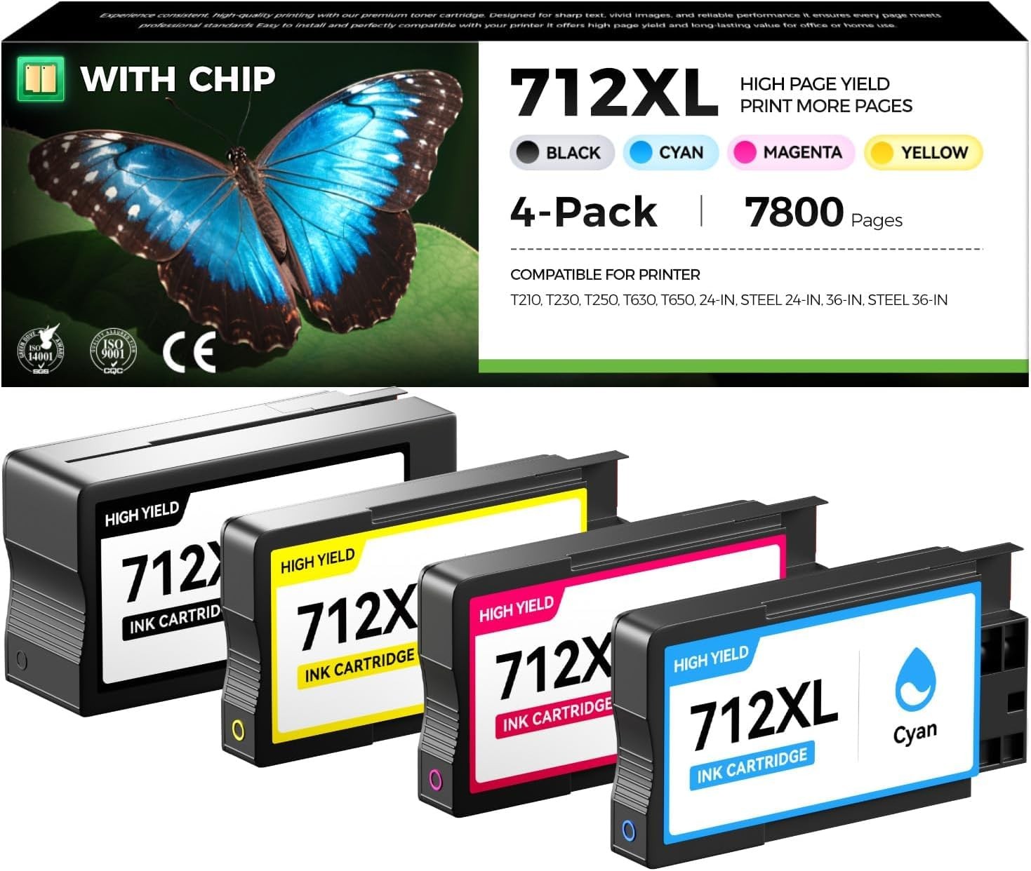 712XL Ink Cartridges 4-Pack w/ Chip for HP DesignJet T210 T230 T630 T650