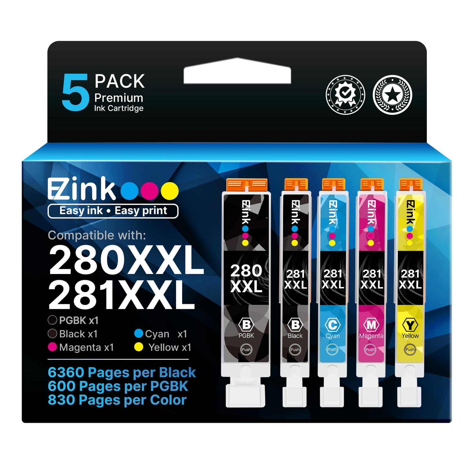 E-Z Ink 4.8 x 4 x 2.4 inches, 1 PGBK,1 Black,1 Cyan,1 Magenta,1 Yellow