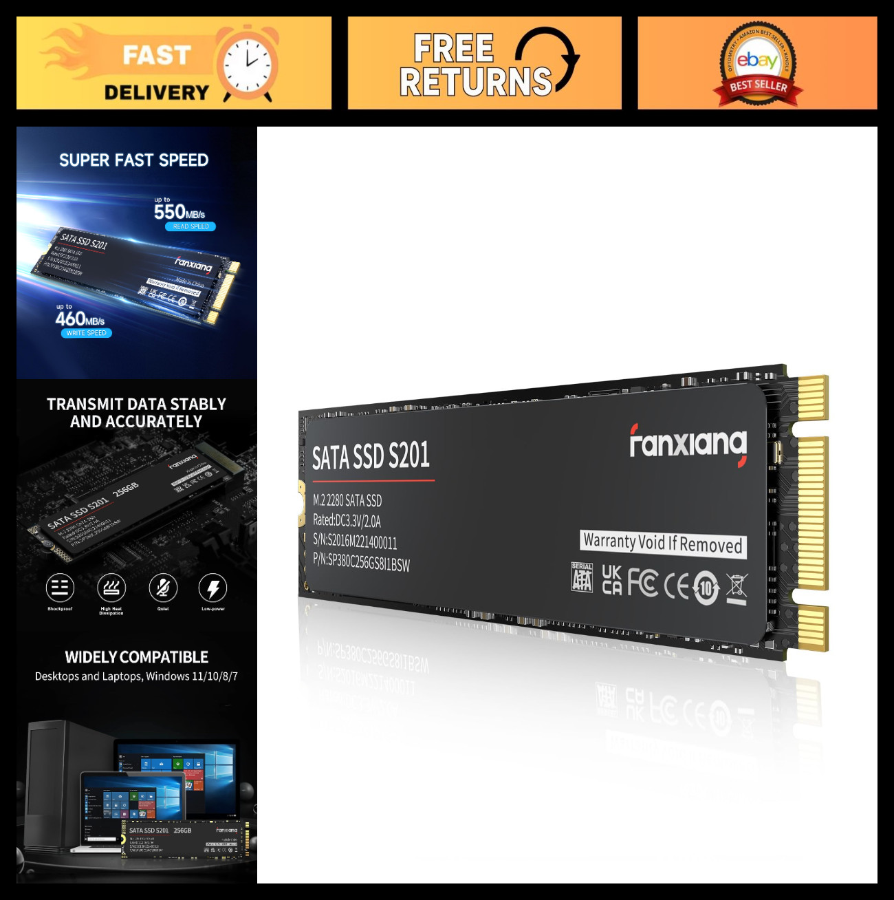 256GB M.2 SATA SSD 2280 Internal Solid State Drive, 550MB/s Read Speed, 3D NAND,