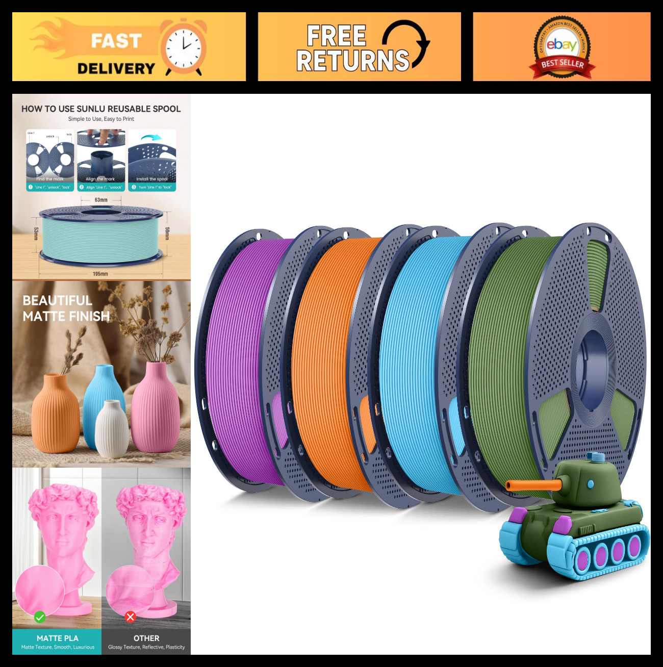 4KG Matte PLA 1.75mm 3D Printer Filament Bundle - High-Quality, Smooth Finish