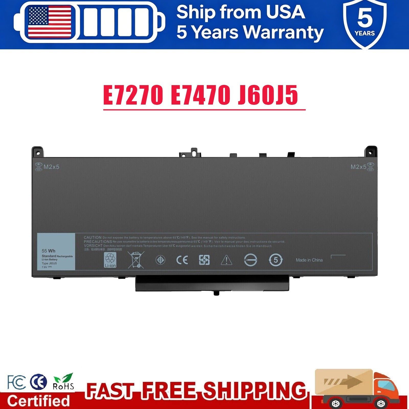 J60J5 Battery For Dell Latitude E7270 E7470 R1V85 MC34Y 242WD PDNM2 451-BBSX PC