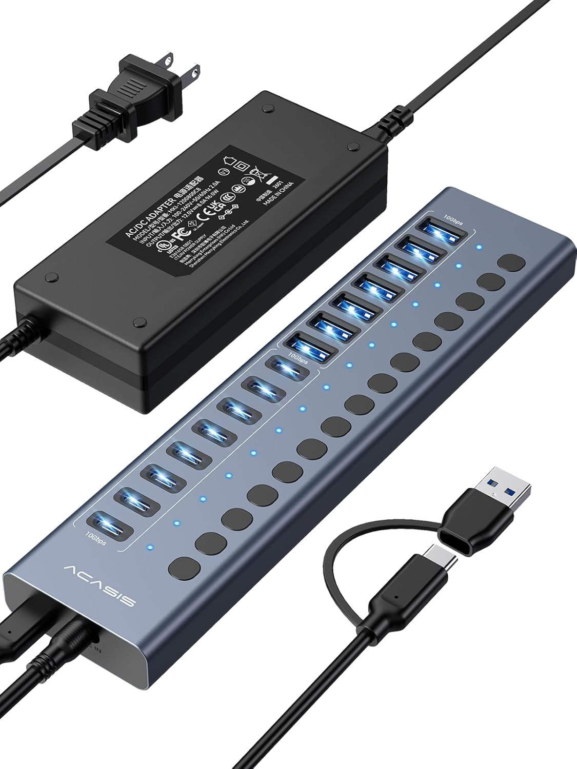 16 Ports Powered USB 3.2 Hub (8 USB-A 3.2 +8 USB-C 3.2), 10Gbps | Individual On/