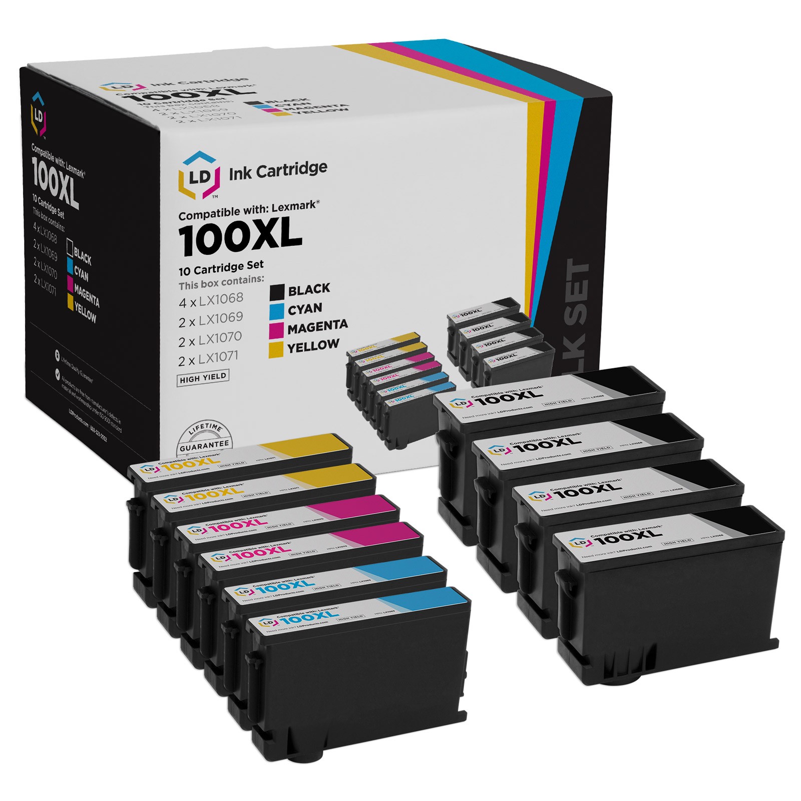 LD 10 Pack 14N1068 100XL 100 Black Color Ink Cartridge Set for Lexmark Printer