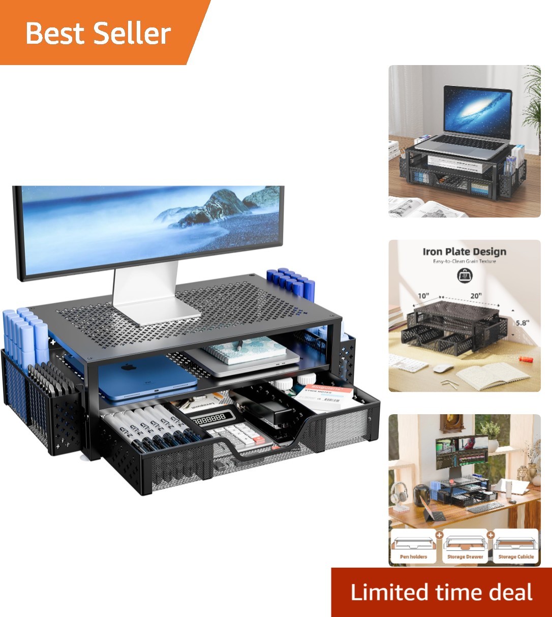 Versatile Black Monitor Riser with Storage Drawer & Non-Slip Base - 20"W x 10"D